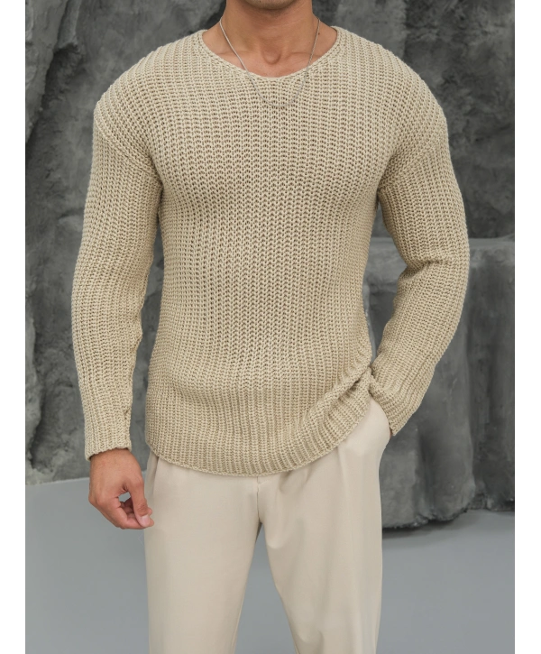 Kalın Örgü Oversize Triko Kazak Bej