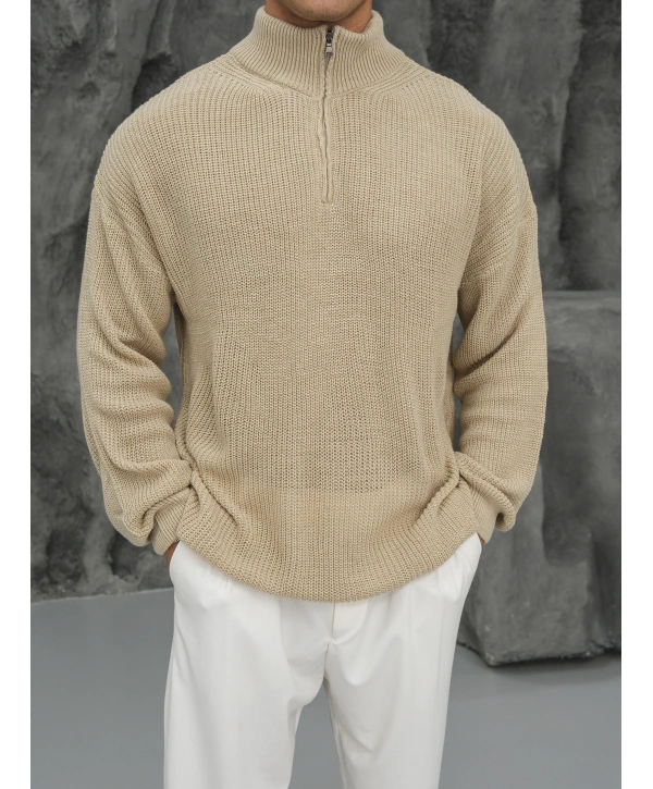 Erkek Bej Fermuar Yaka Kazak