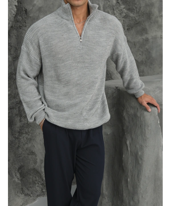 Erkek Gri Fermuar Yaka Kazak