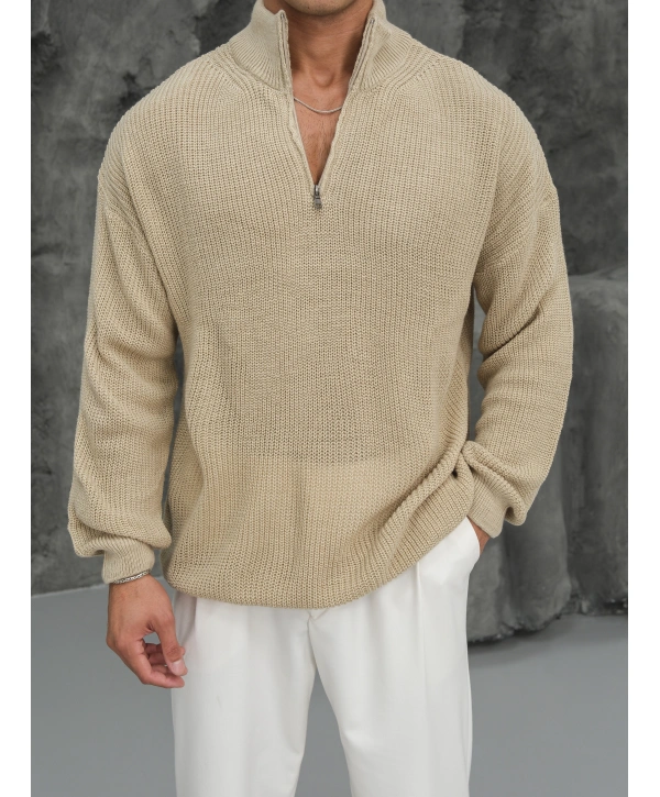 Erkek Bej Fermuar Yaka Kazak