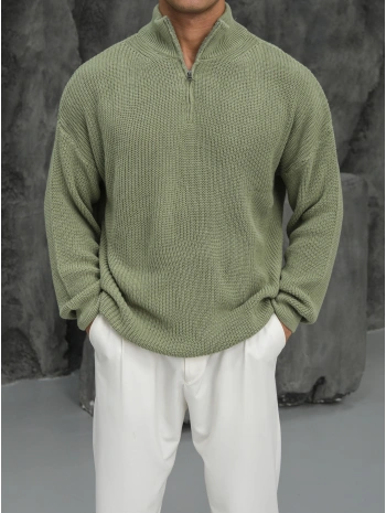 Erkek Fıstık Yeşili Fermuar Yaka Kazak