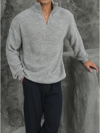 Erkek Gri Fermuar Yaka Kazak