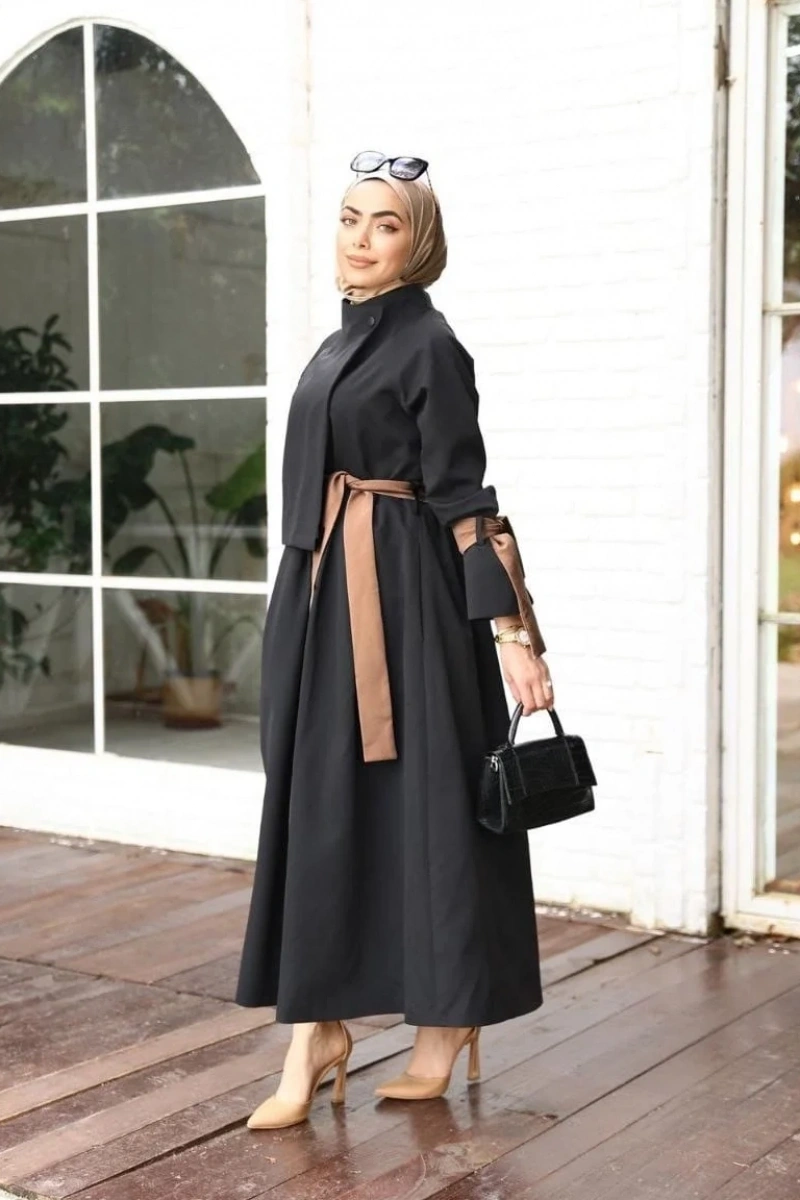Cappuccino Kuşaklı Siyah Trenç Elbise