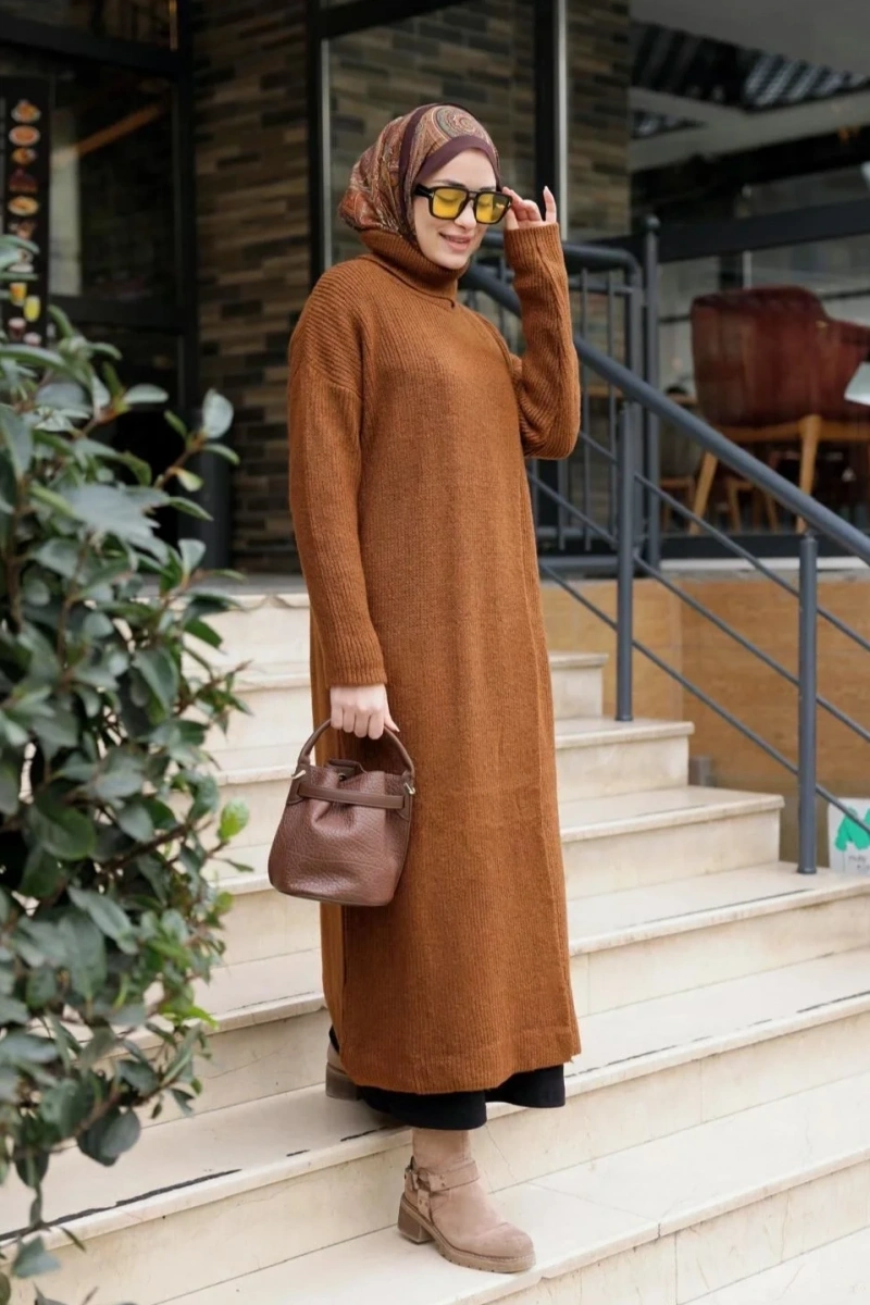 Balıkçı Yaka Triko Tunik Boydan Yırtmaçlı Kiremit