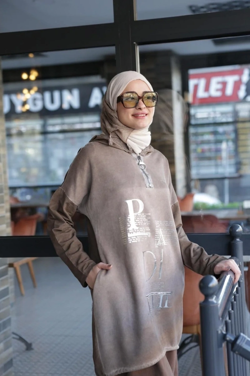 Kadın Işıl Kapşonlu Tunik-Vizon