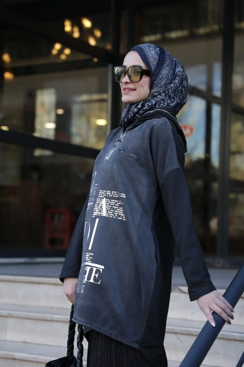 Kadın Işıl Kapşonlu Tunik-Siyah