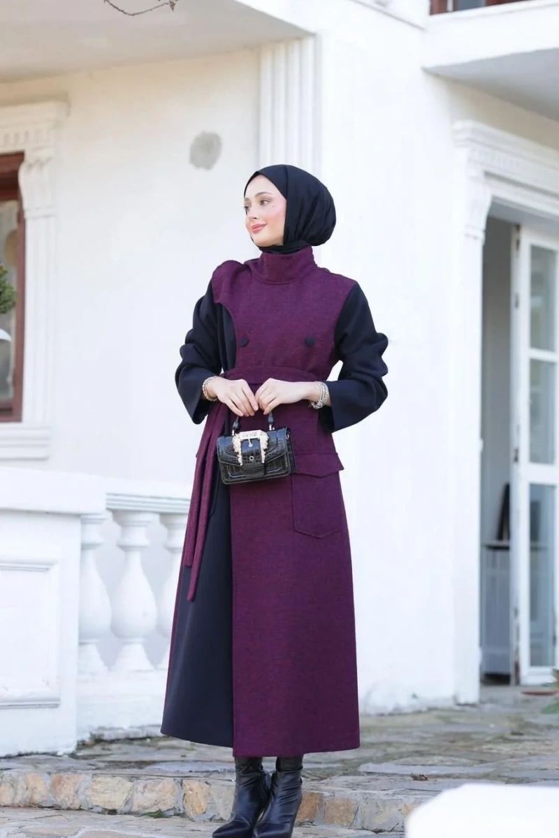 Kadın Kaşe Sekiz Düğmeli Kap-Bordo