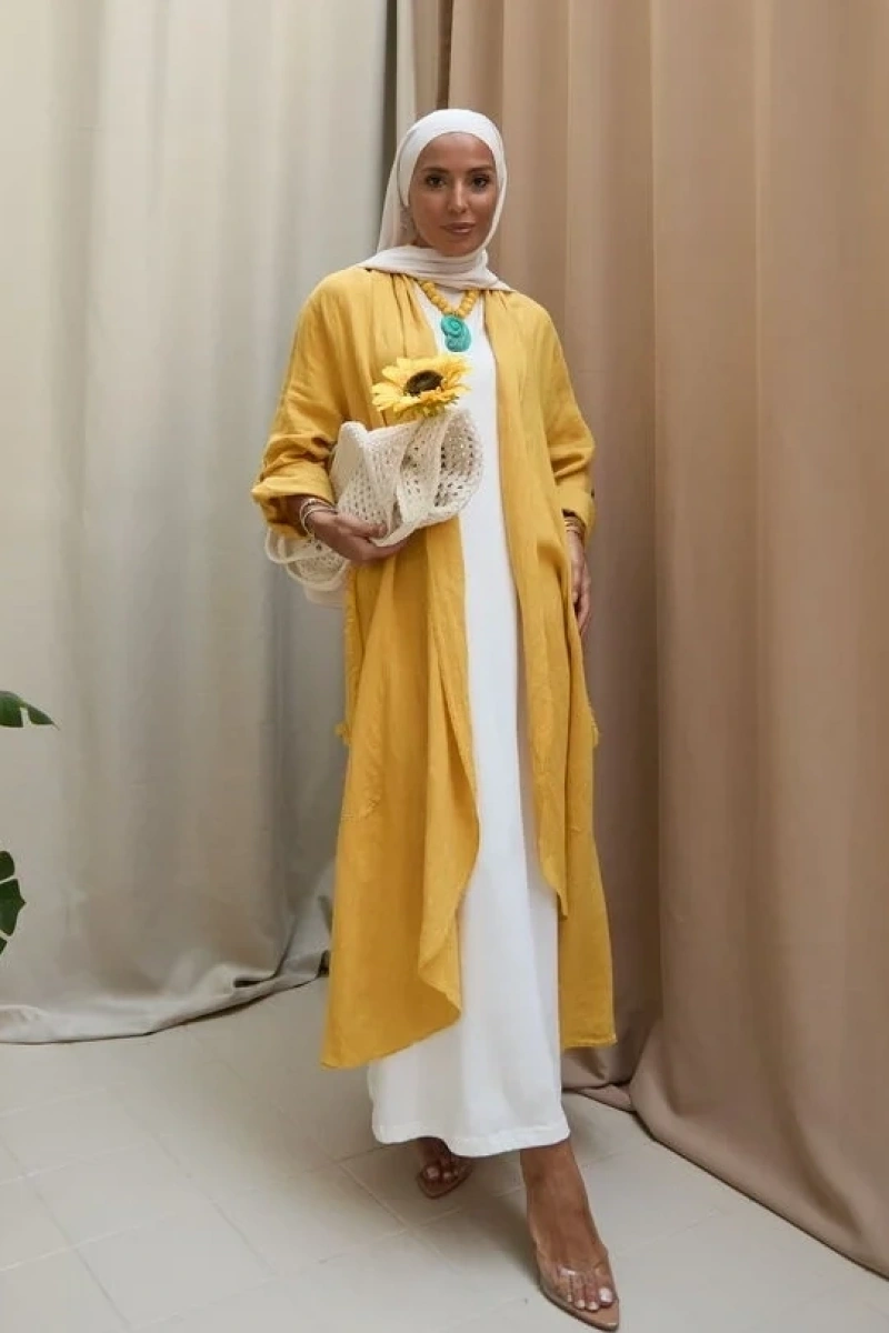 Kadın Keten Püsküllü Uzun Tunik-Hardal