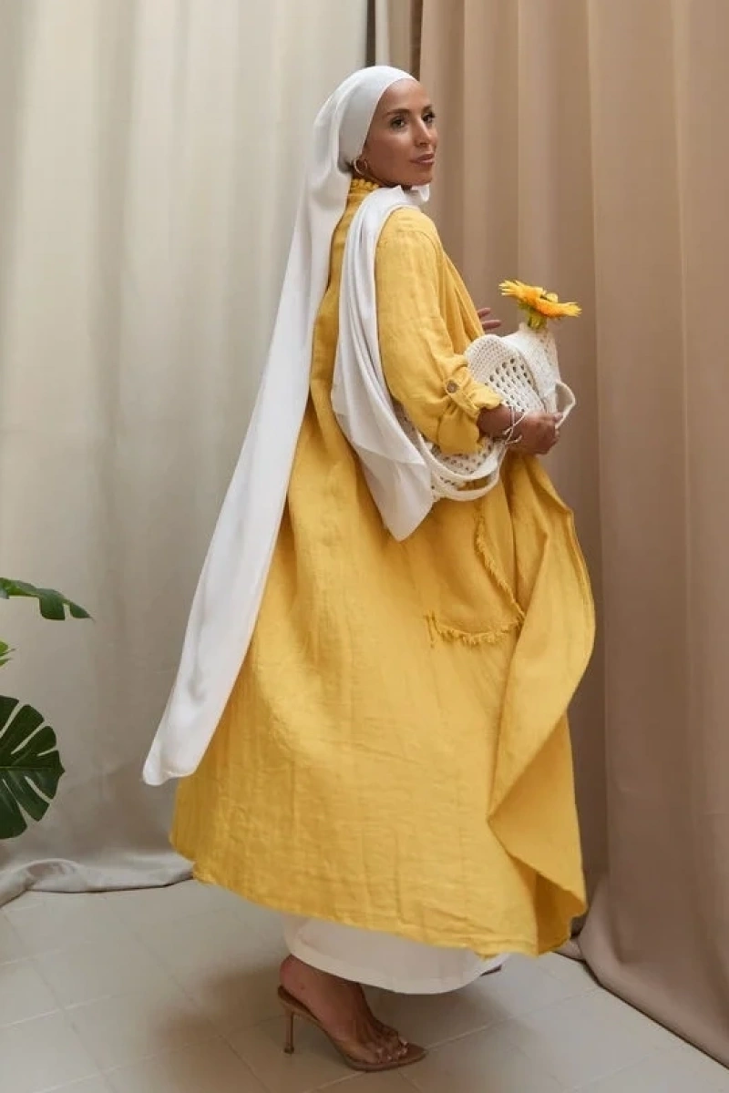 Kadın Keten Püsküllü Uzun Tunik-Hardal