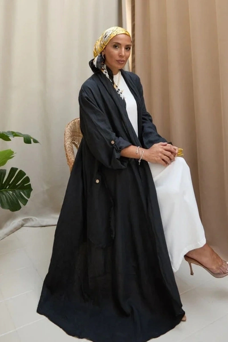 Kadın Keten Püsküllü Uzun Tunik-Siyah