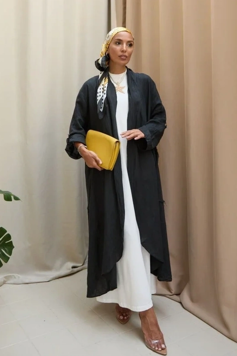 Kadın Keten Püsküllü Uzun Tunik-Siyah