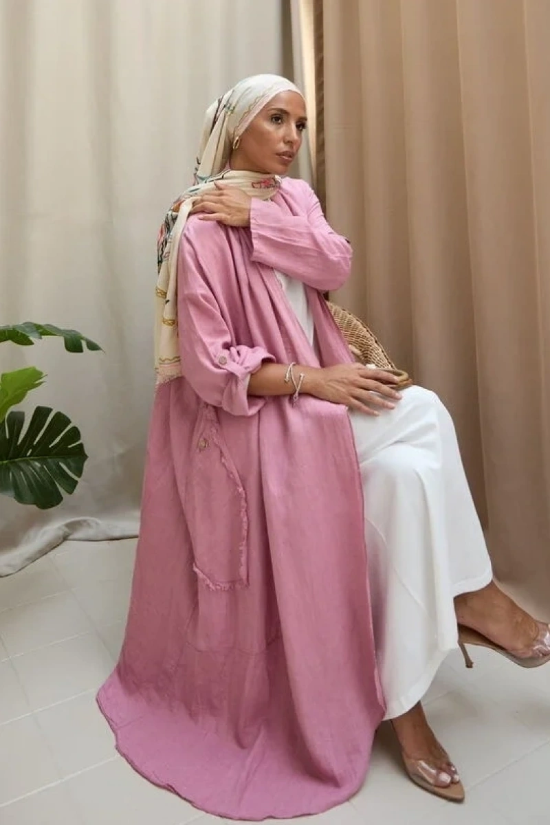 Kadın Keten Püsküllü Uzun Tunik- Pudra Pembe