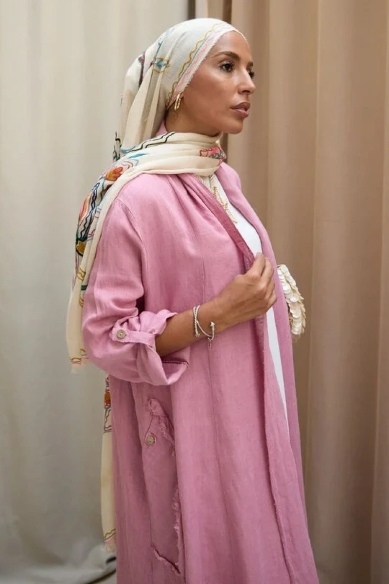 Kadın Keten Püsküllü Uzun Tunik- Pudra Pembe