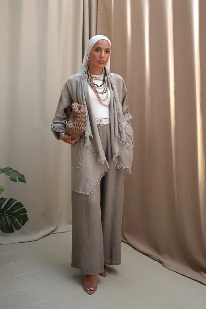 Kadın Keten Püsküllü Kısa Tunik-Bulanık İnci