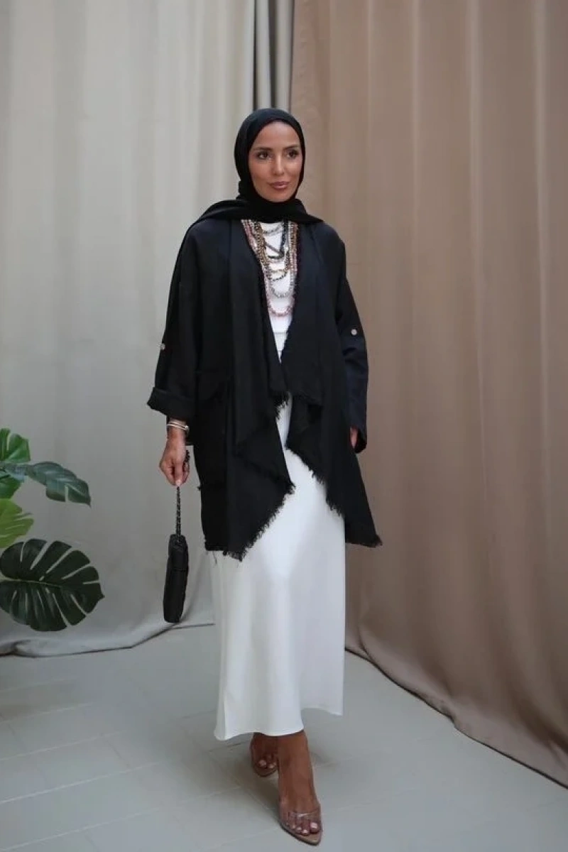 Kadın Keten Püsküllü Kısa Tunik-Siyah