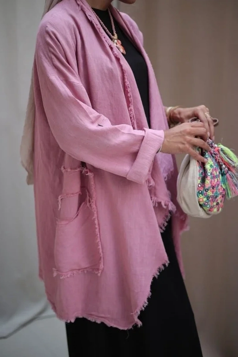 Kadın Keten Püsküllü Kısa Tunik-Pudra Pembe