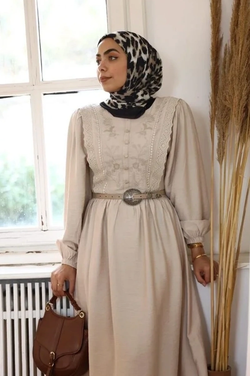 Kadın Nur Nakışlı Elbise-Taş