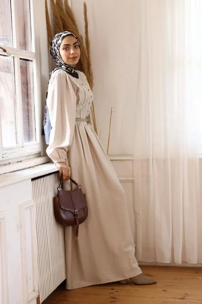 Kadın Nur Nakışlı Elbise-Taş