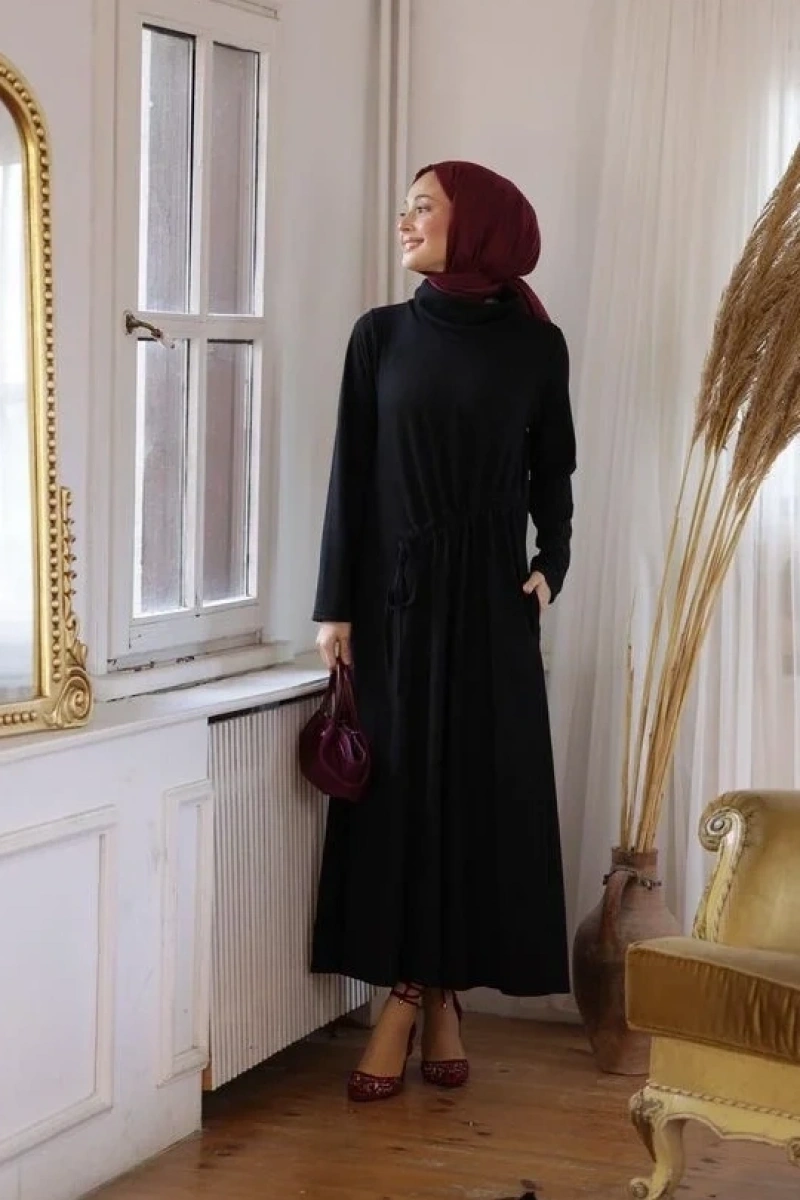 Kadın Selanik Beli Büzgülü Elbise-Siyah