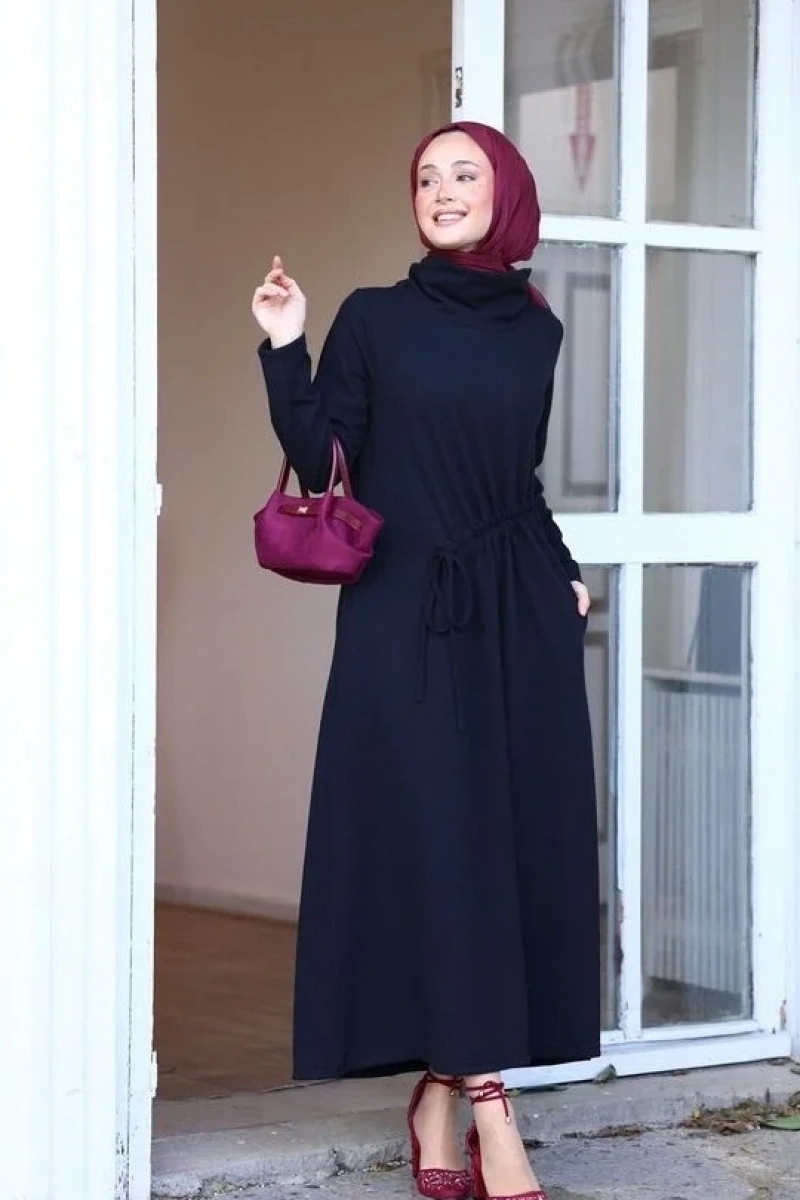 Kadın Selanik Beli Büzgülü Elbise-Siyah