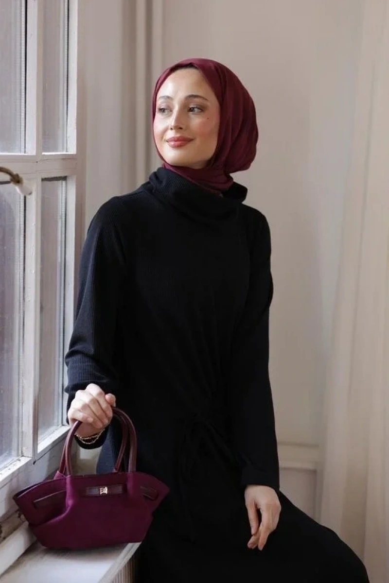 Kadın Selanik Beli Büzgülü Elbise-Siyah