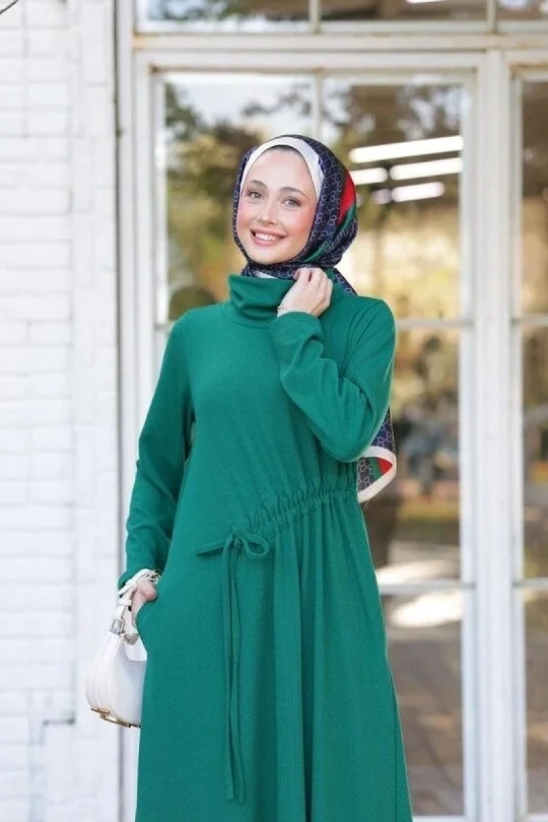 Kadın Selanik Beli Büzgülü Elbise-Yeşil