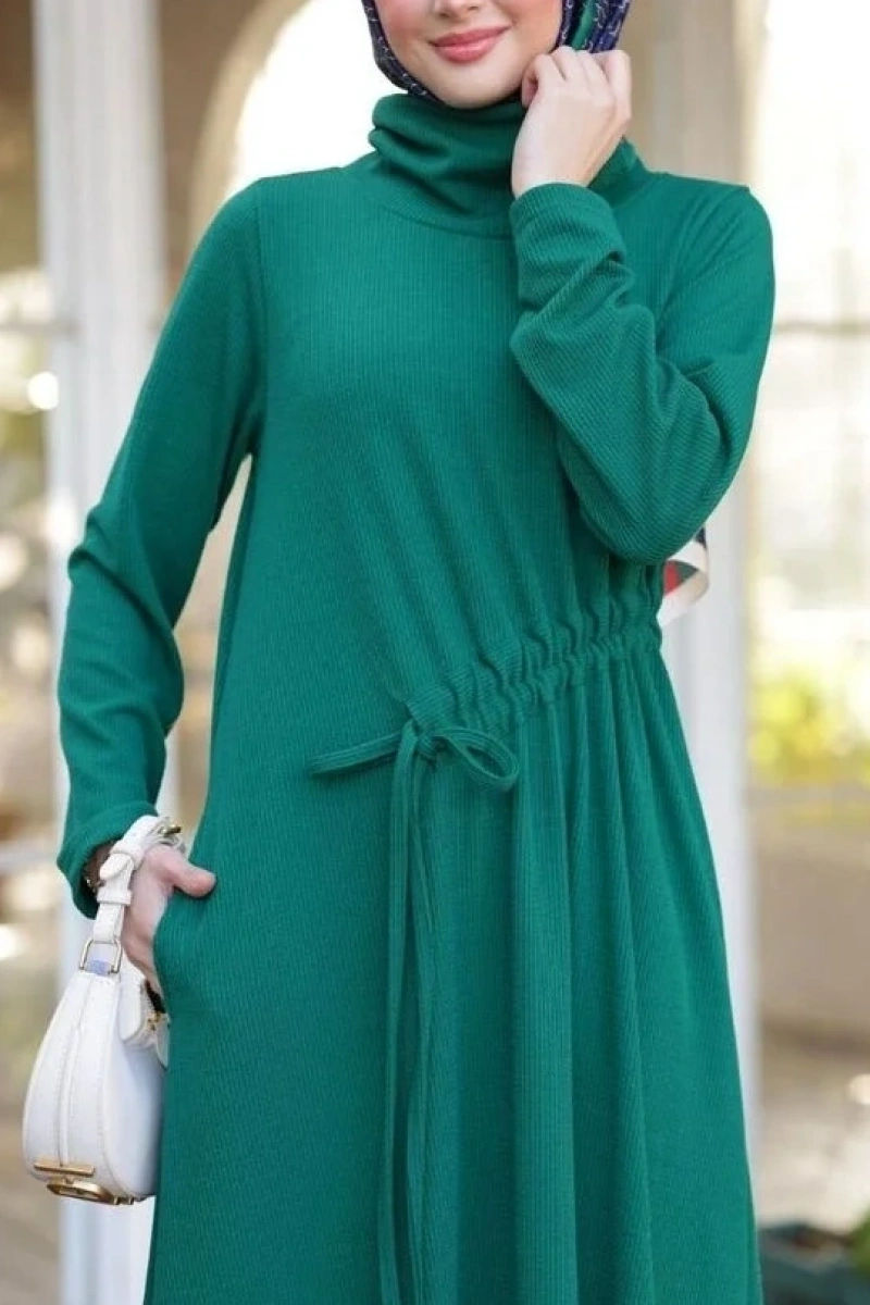 Kadın Selanik Beli Büzgülü Elbise-Yeşil