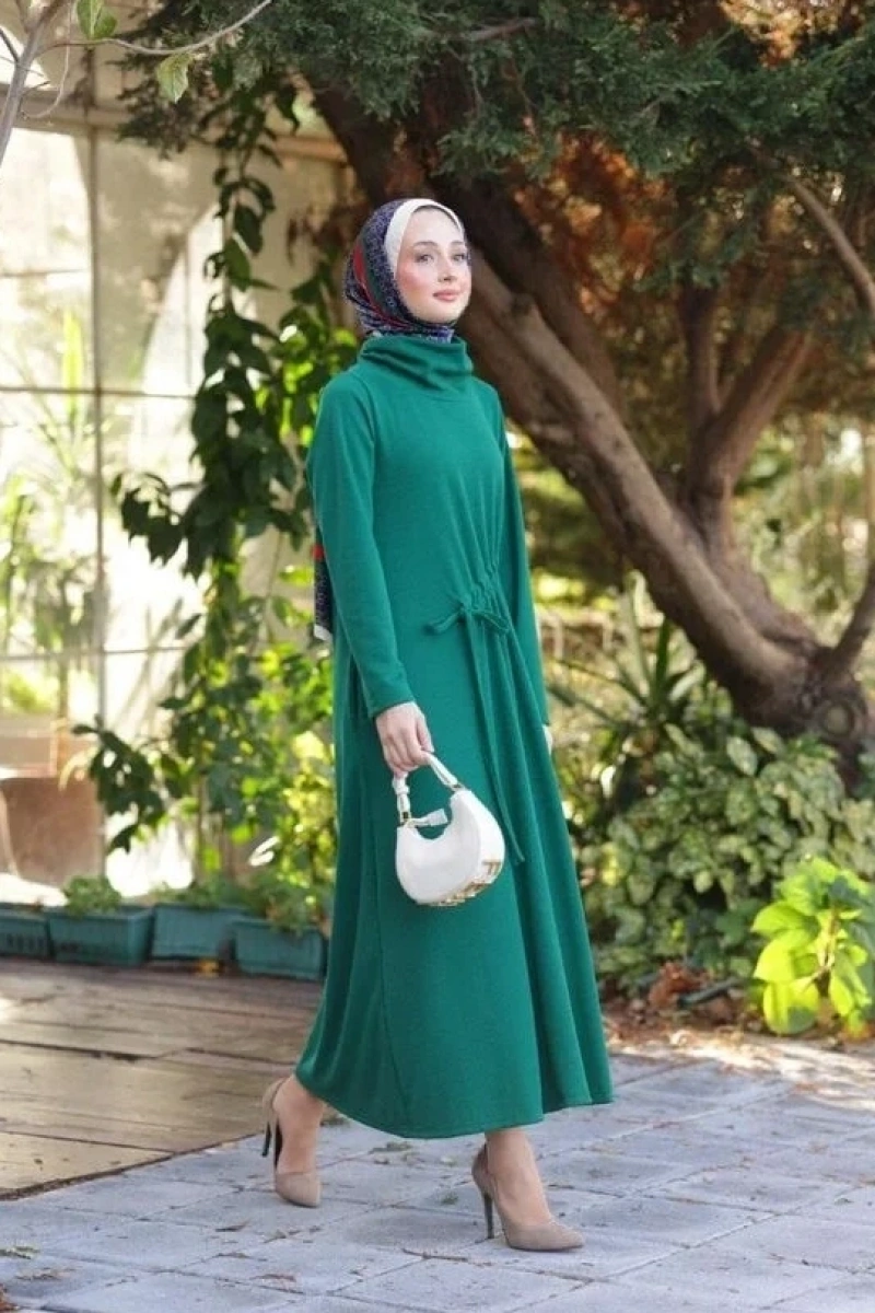 Kadın Selanik Beli Büzgülü Elbise-Yeşil