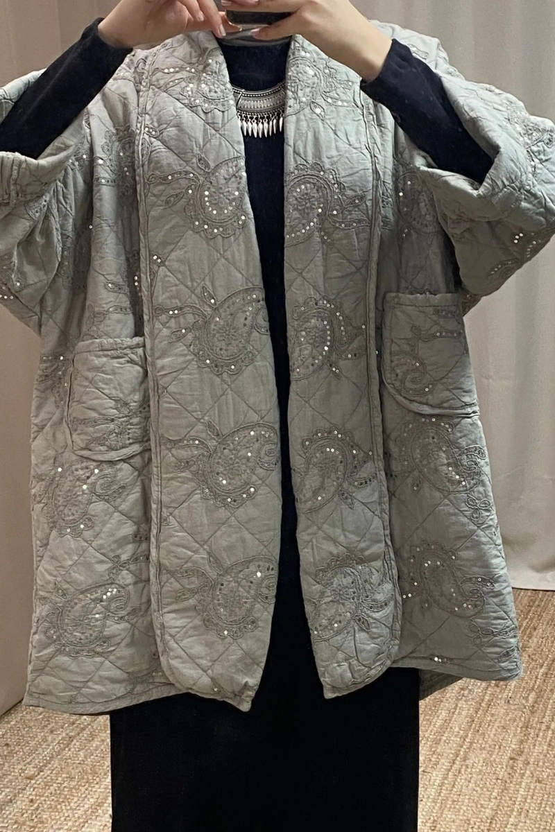 Pul İşlemeli Kapitone Kısa Ceket - Mint Yeşili