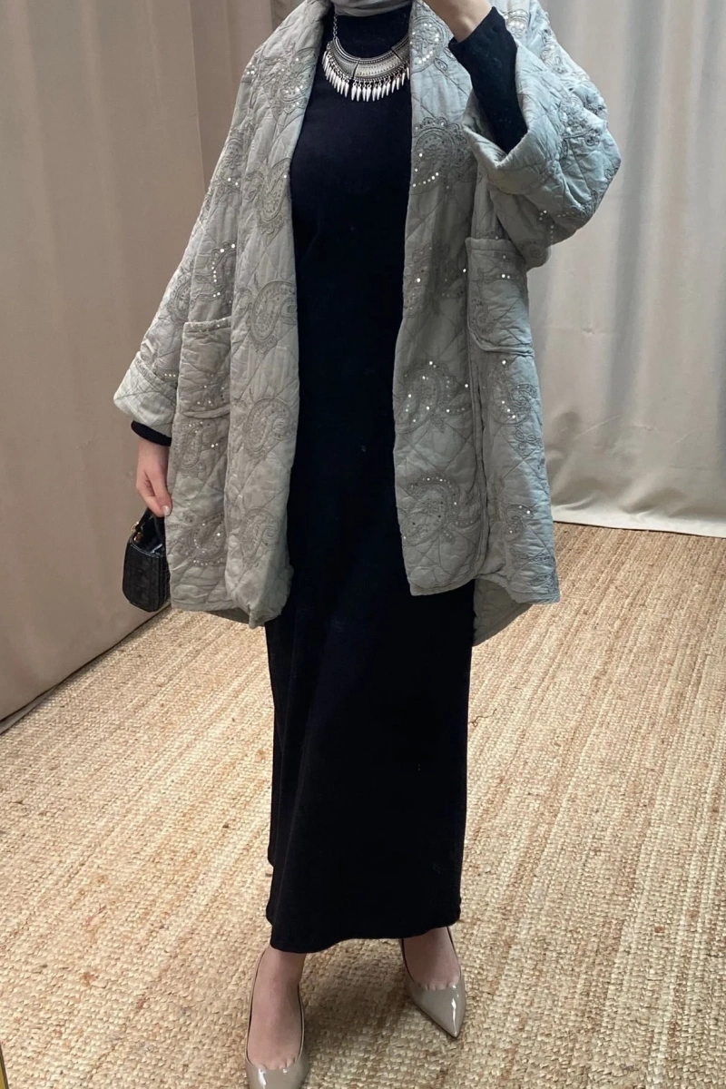 Pul İşlemeli Kapitone Kısa Ceket - Mint Yeşili