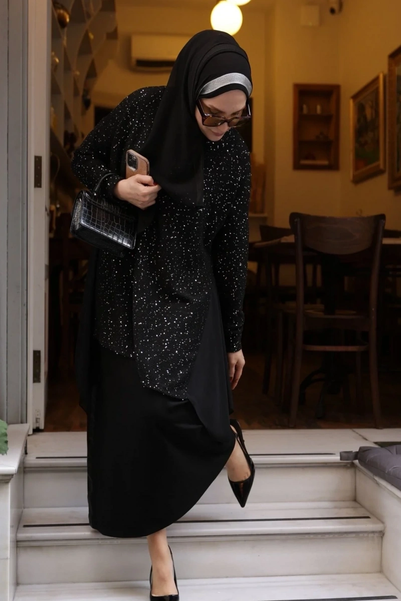 Gümüş Pullu Şifonlu Tunik - Siyah