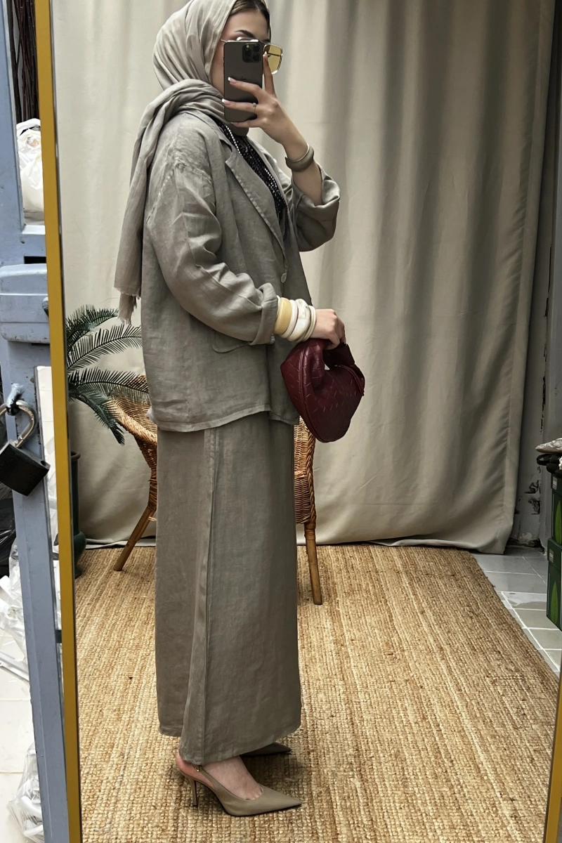 Kadın Keten Füme İkili Blazer Takım