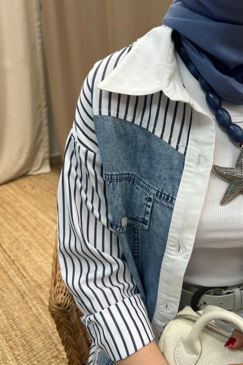 Kadın Kot Cepli Poplin Tunik - Mavi