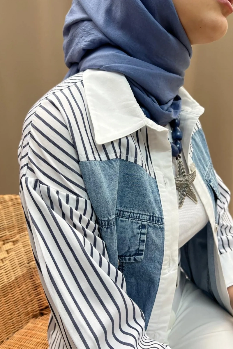 Kadın Kot Cepli Poplin Tunik - Mavi