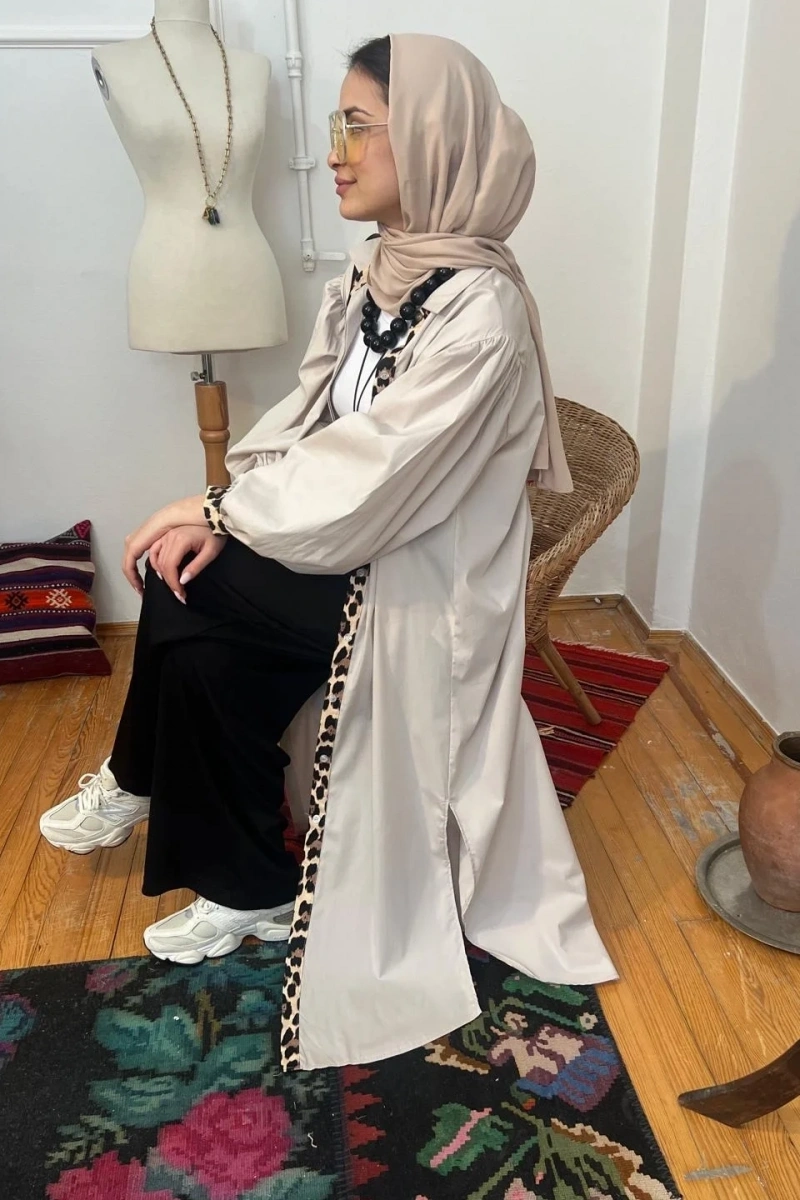 Kadın Leopar Biyeli Uzun Poplin Tunik - Bej