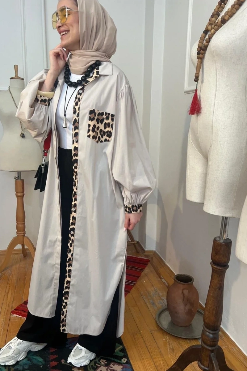 Kadın Leopar Biyeli Uzun Poplin Tunik - Bej