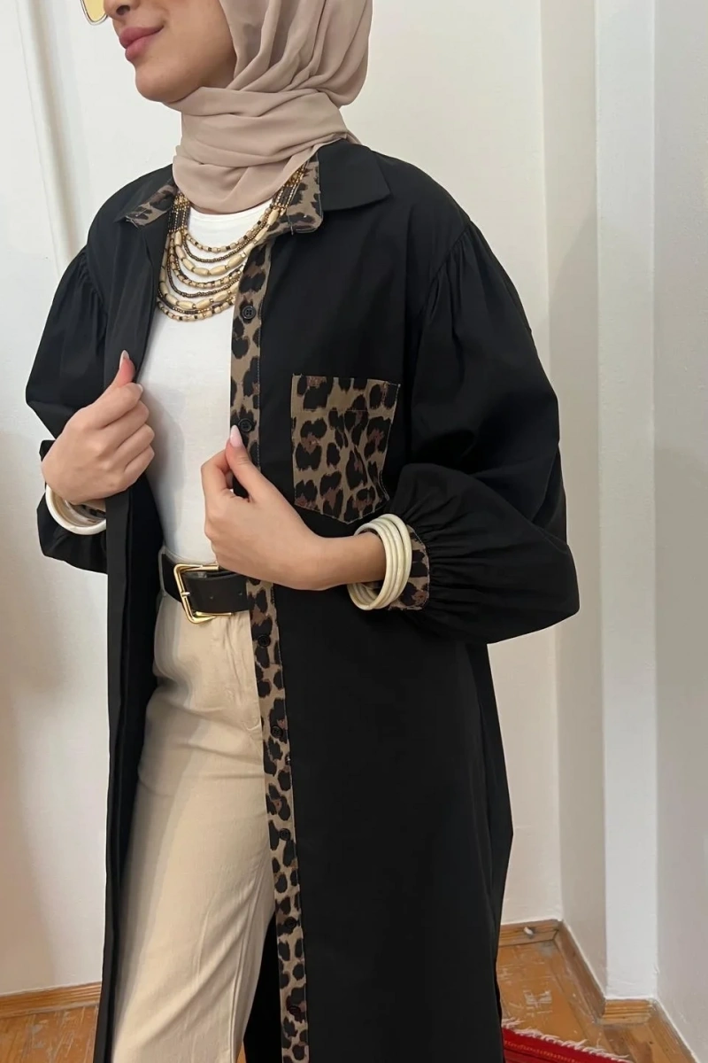 Kadın Leopar Biyeli Uzun Poplin Tunik - Siyah