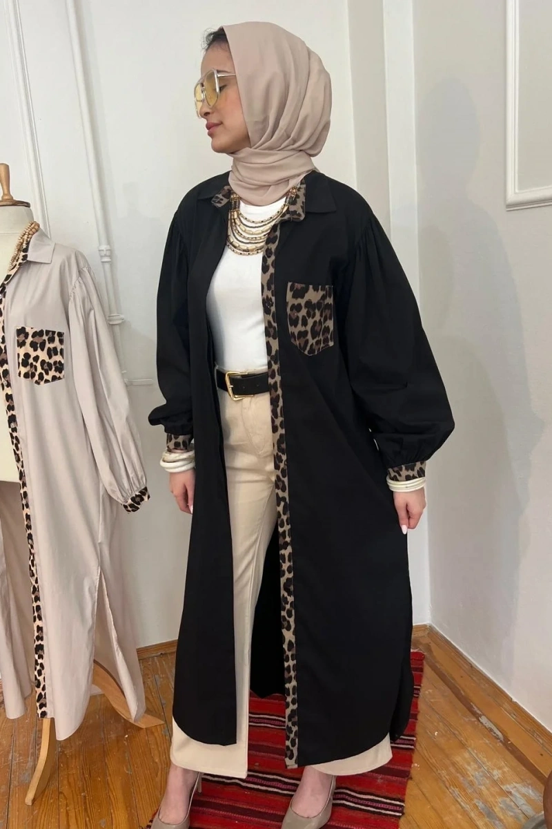 Kadın Leopar Biyeli Uzun Poplin Tunik - Siyah