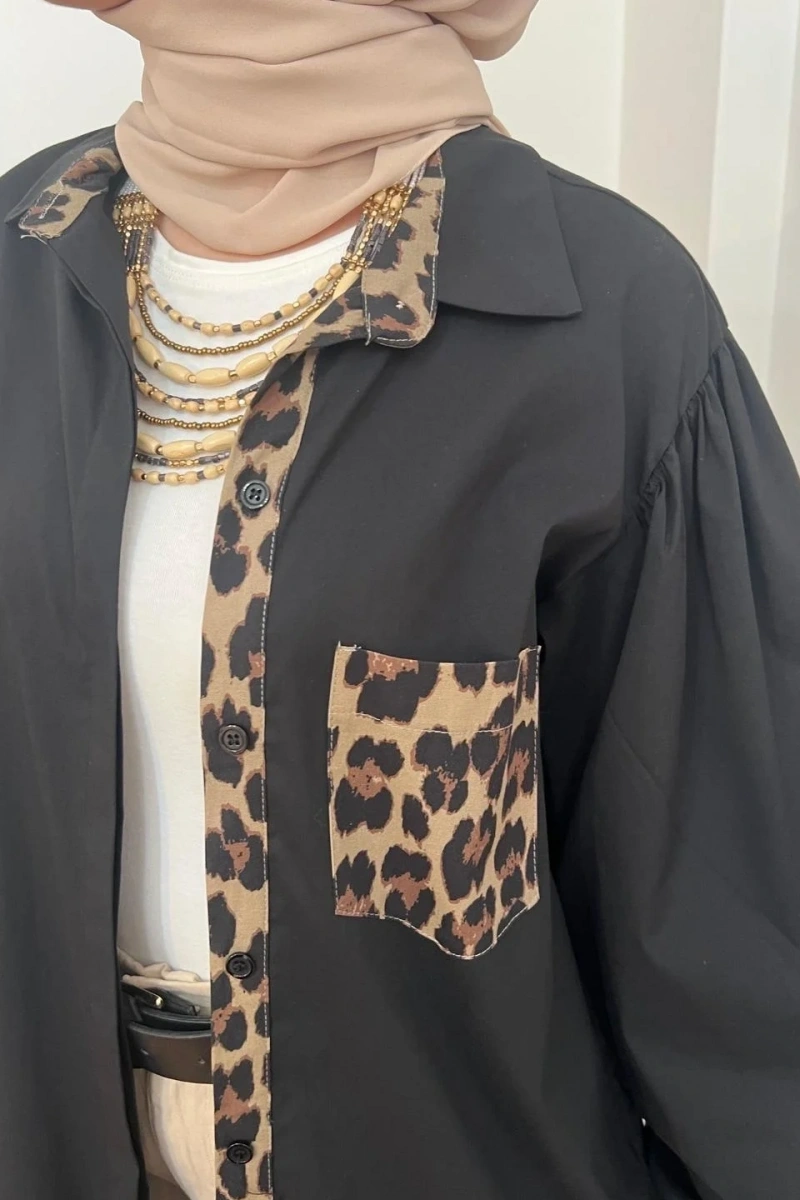 Kadın Leopar Biyeli Uzun Poplin Tunik - Siyah