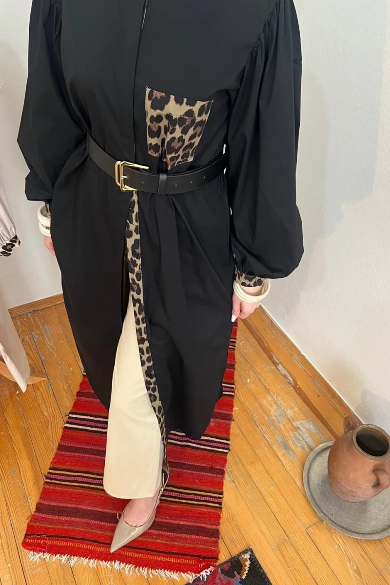 Kadın Leopar Biyeli Uzun Poplin Tunik - Siyah