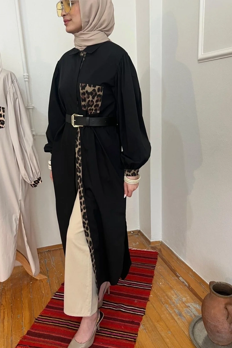 Kadın Leopar Biyeli Uzun Poplin Tunik - Siyah