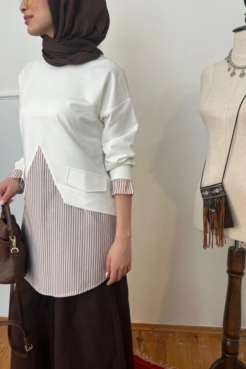 Kadın Cep Detaylı Taba Çizgili Sweat - Beyaz