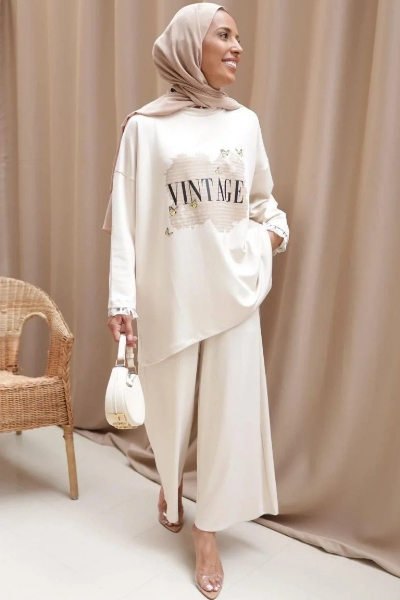 Kadın Vintage Baskılı Tunik - Taş