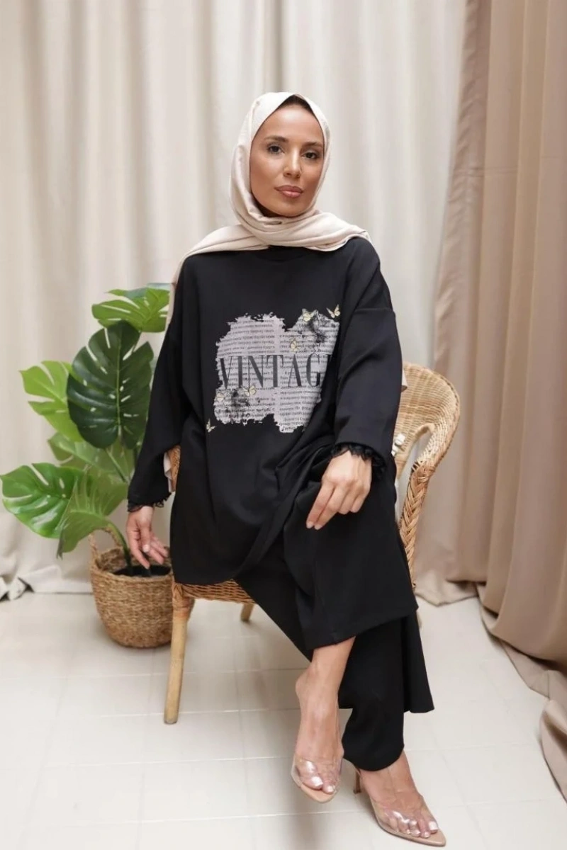 Kadın Vintage Baskılı Tunik - Siyah