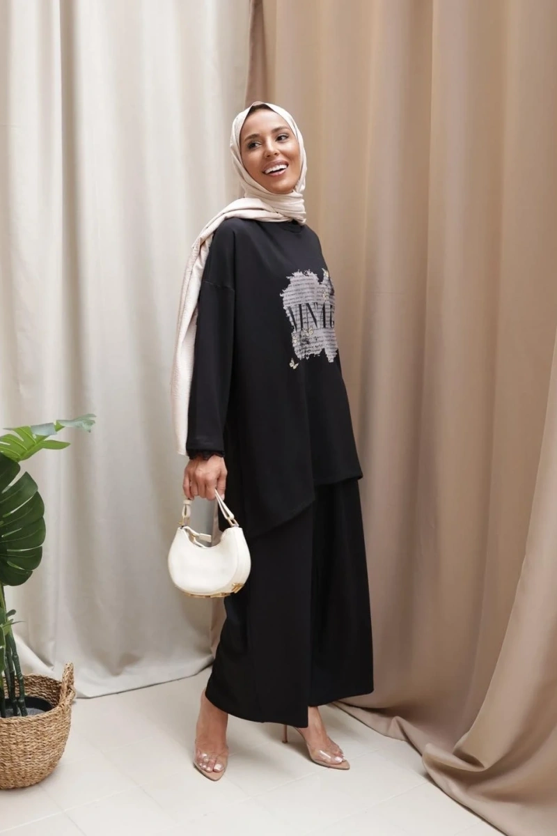 Kadın Vintage Baskılı Tunik - Siyah