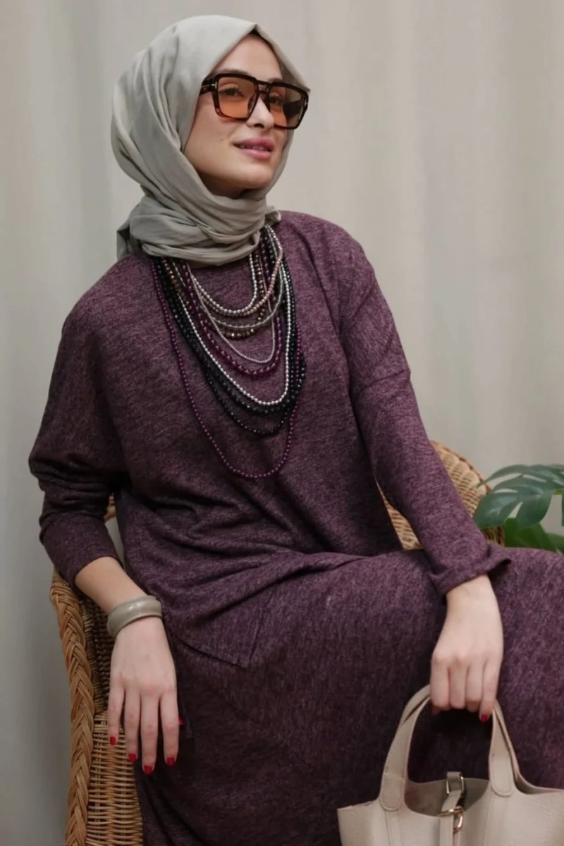 Kadın Örme Etekli Takım - Mürdüm