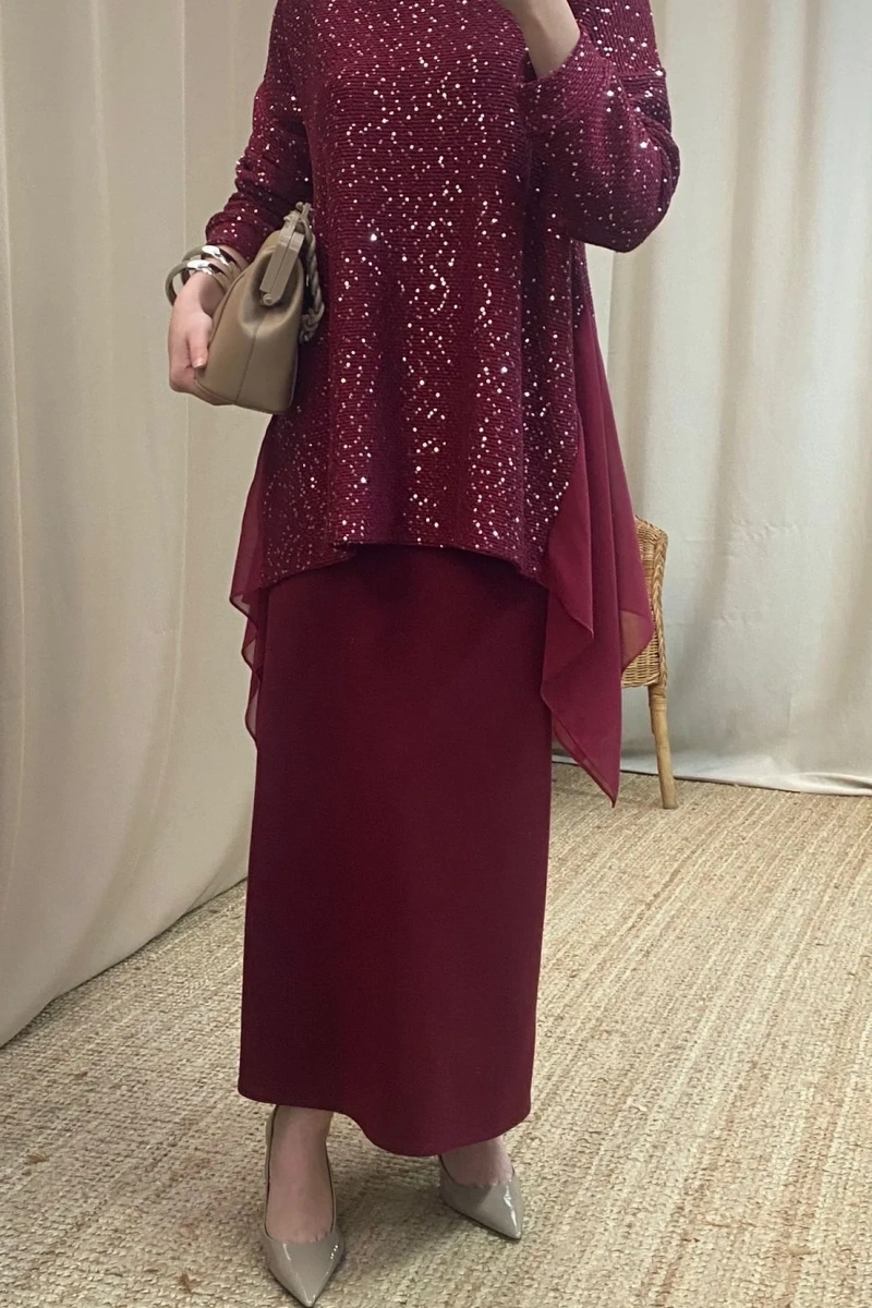 Gümüş Pullu Şifonlu Tunik - Bordo