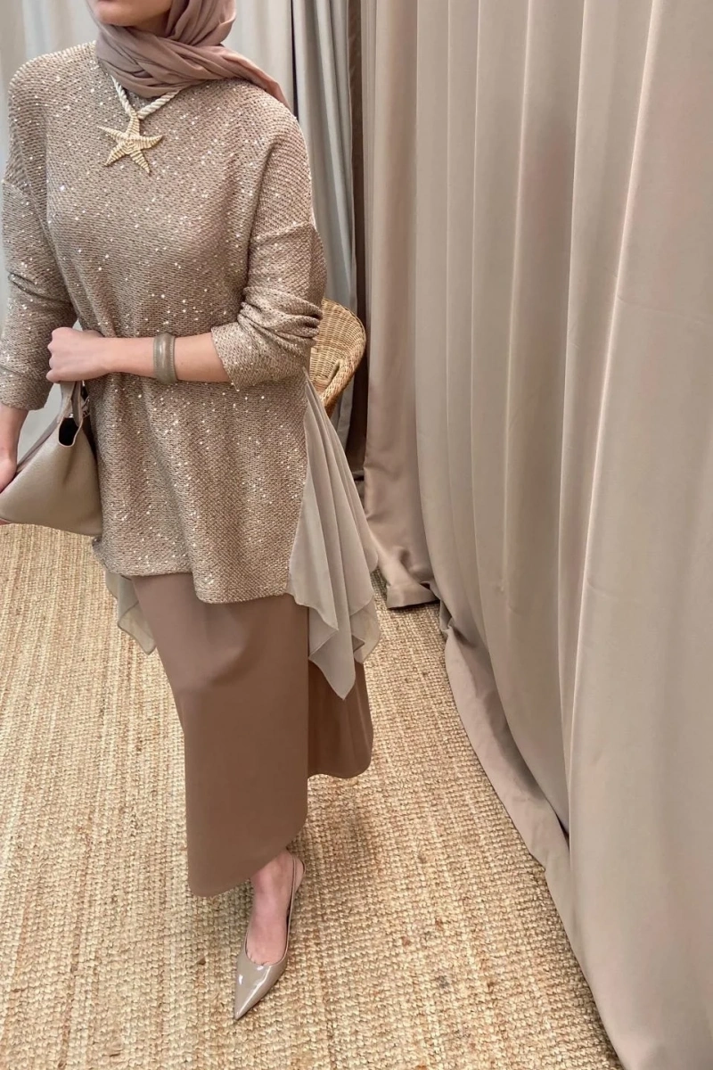 Gümüş Pullu Şifonlu Tunik - Bej