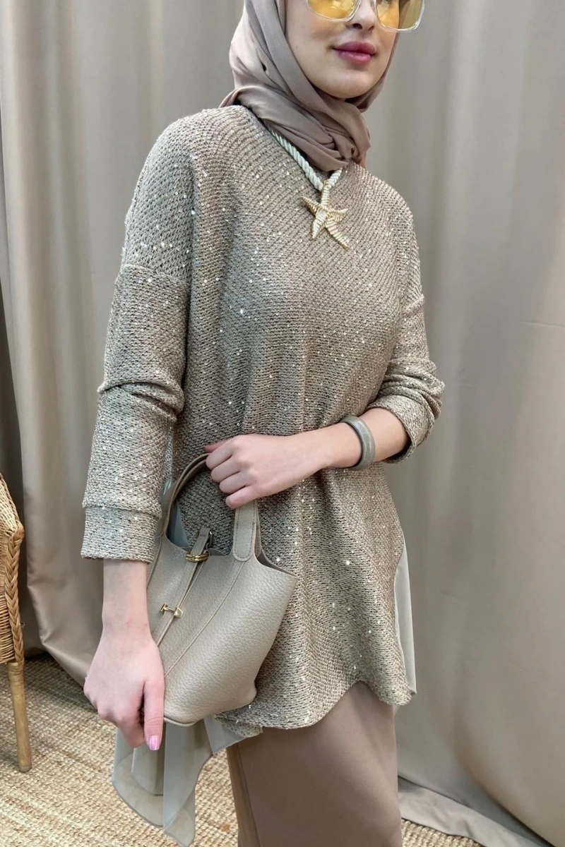 Gümüş Pullu Şifonlu Tunik - Bej