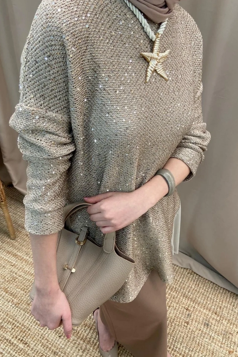 Gümüş Pullu Şifonlu Tunik - Bej